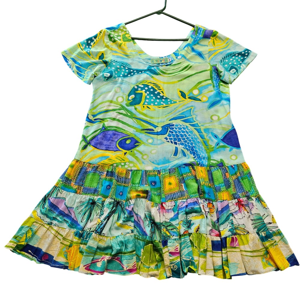 Jams World Hattie Neptune Fish Print Tiered Mini Dress Blue Green Medium Hawaii